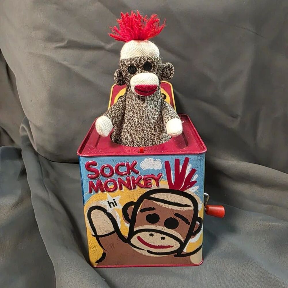 Vintage Schylling Sock Monkey Tin Jack-in-the-Box Toy